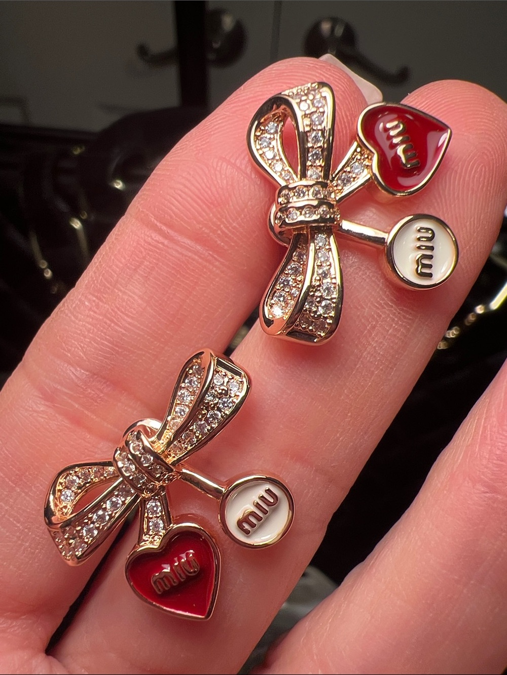 Gold Bow Earrings with Red Heart and White Charm
